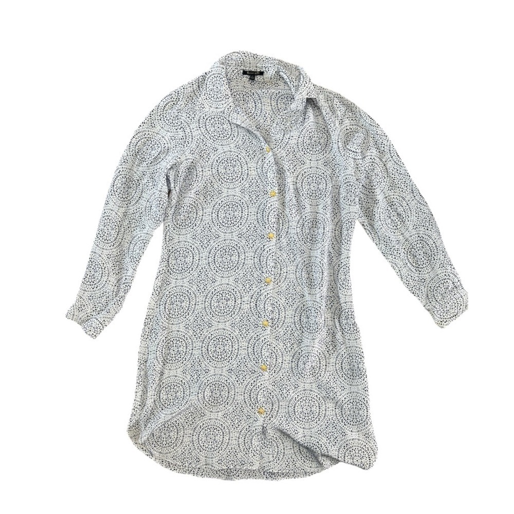 Lauren Gold 100% Silk White Button Down Shirt Dress‎ Blue Geometric Print Size L